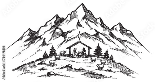 Nativity scene in mountain landscape with shepherds and sheep in black and white sketch – retro hand drawn illustration
