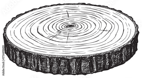 Intricate tree stump line art: detailed growth rings and textured bark – retro hand drawn illustration