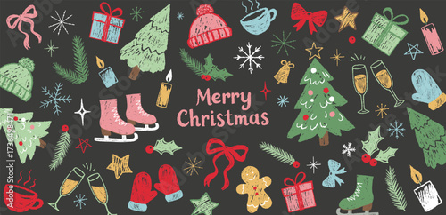 Childlike christmas doodles on dark background. Simple winter chalk set with snowflakes, christmas tree. Playful hand drawn style