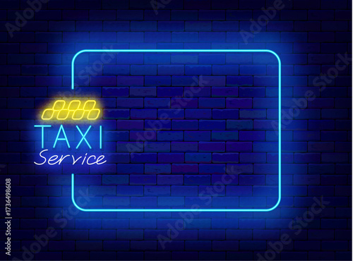 Taxi service neon greeting card. Public passenger transportation. Auto ordering. Vector stock illustration