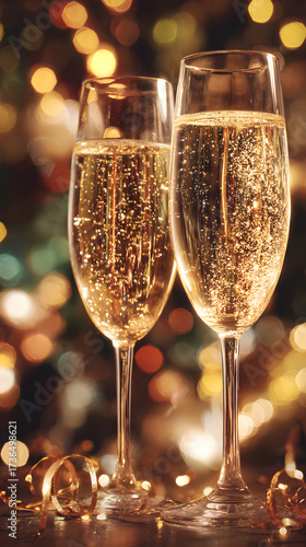 Cheers to new year 2026: champagne glasses with bokeh glow - festive christmas & new year greeting card