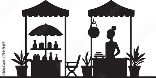 Silhouette of market stalls with vendor and products