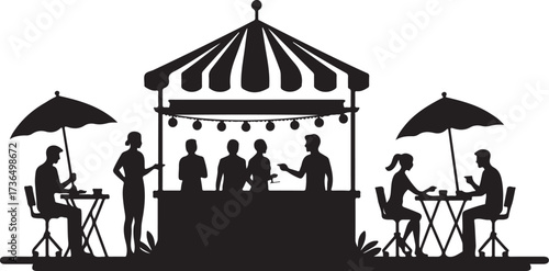 Silhouette of people at outdoor cafe and food stall