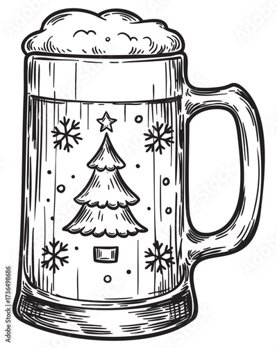 Christmas-themed beer mug with tree and snowflakes in black and white design – retro hand drawn illustration
