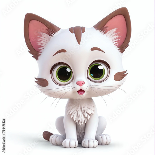Cute cartoon kitten with big eyes sitting on white background