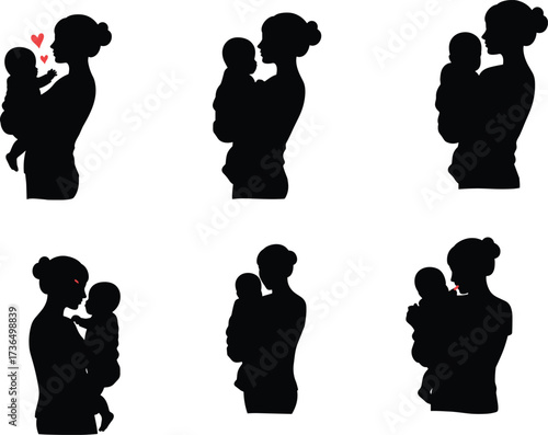 Mother silhouette holding baby, mom kissing child, family love, maternal affection, parent and infant bonding, nurturing care, motherhood illustration, parent support