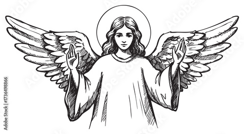 Illustration of a female angel with wings and halo in black and white sketch – retro hand drawn illustration