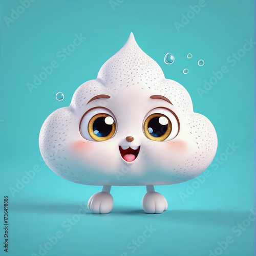 Cute cartoon cloud character smiling with big eyes and a bubbly background