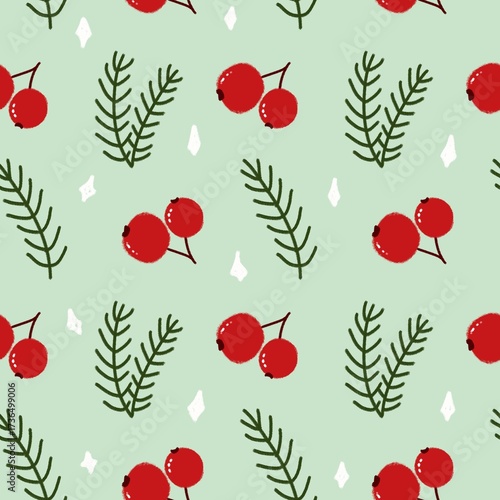 Wallpaper Mural Red berry and pine branch seamless pattern background. Hand drawn festive Christmas design with winter leaves and snow elements. Perfect for holiday textile, gift wrap, and decoration. Torontodigital.ca