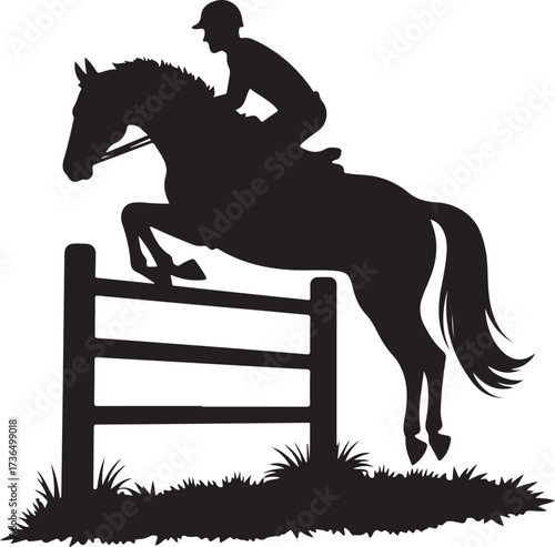 Silhouette of horse and rider jumping over fence equestrian