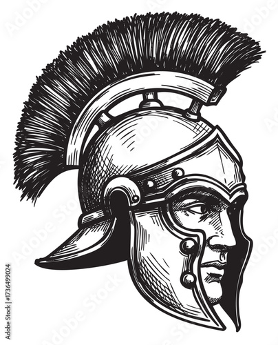 Hand-drawn roman warrior helmet with plume and face guard – retro hand drawn illustration