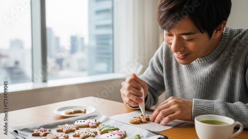 Young man decorating cookies with icing at home, enjoying a relaxing baking activity.