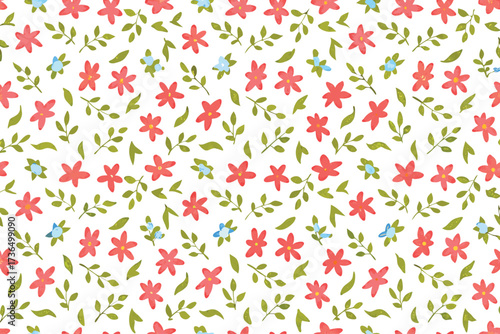 Delicate small red flowers and green leaves seamless pattern on white background