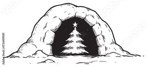 Christmas tree inside snowy cave with star decoration in black and white illustration – retro hand drawn illustration