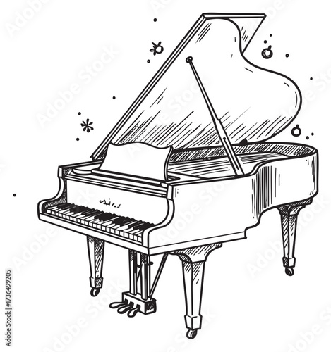 Hand-drawn grand piano sketch with open lid and musical notes – retro hand drawn illustration
