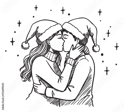 Romantic christmas kiss: young caucasian couple in santa hats embracing under stars – retro hand drawn illustration