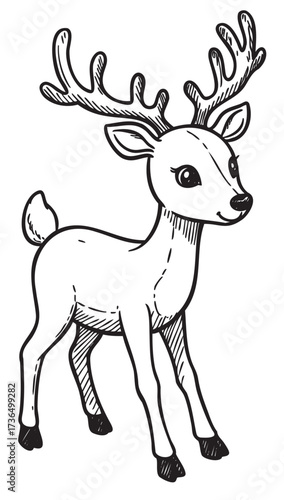 Playful cartoon deer with antlers in black and white line art drawing – retro hand drawn illustration