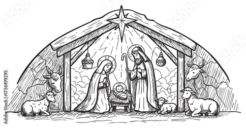 Nativity scene with mary, joseph, and baby jesus in manger with animals – retro hand drawn illustration