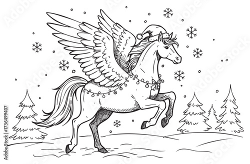 Festive pegasus flying in snowy winter wonderland with santa hat and holiday lights – retro hand drawn illustration