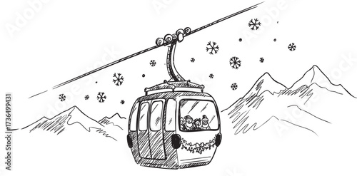 Hand-drawn cable car in snowy mountain landscape with snowflakes and passengers – retro hand drawn illustration