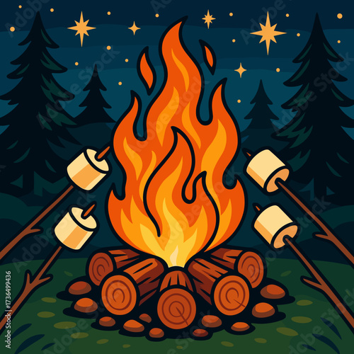 Campfire with marshmallows roasting on sticks under a night sky filled with stars