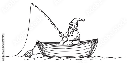 Santa claus fishing in a boat on water with fishing rod in hand, black and white illustration – retro hand drawn illustration