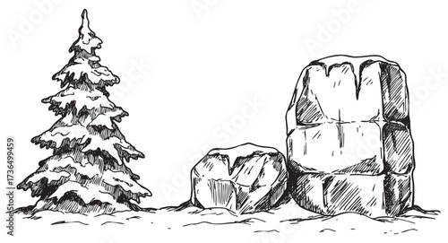 Snow-covered pine and rocks in winter landscape drawing – retro hand drawn illustration