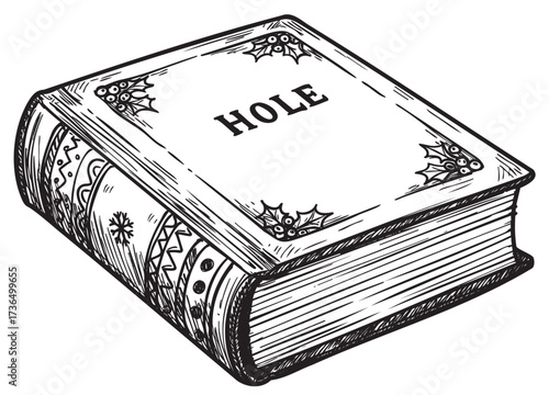 Vintage book with decorative cover and 'hole' title in black and white sketch – retro hand drawn illustration