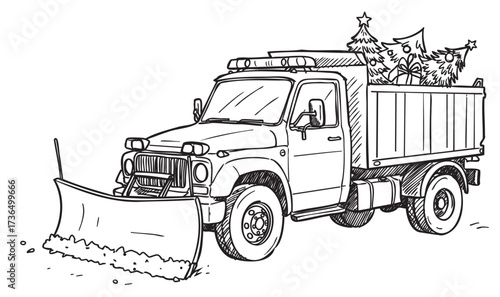 Snow plow truck with christmas trees in the back: winter holiday scene – retro hand drawn illustration