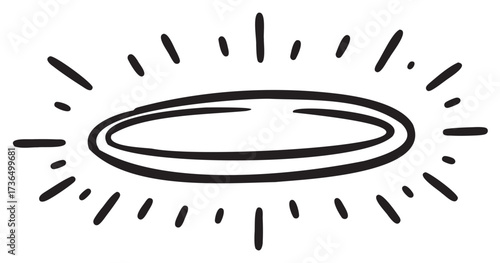 Hand-drawn glowing halo with radiating lines in black and white illustration – retro hand drawn illustration