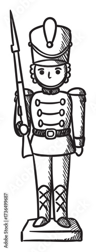Sketch of a traditional wooden toy soldier with spear and uniform – retro hand drawn illustration