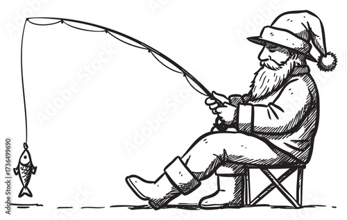 Santa claus ice fishing illustration with fishing rod and fish in monochrome style – retro hand drawn illustration