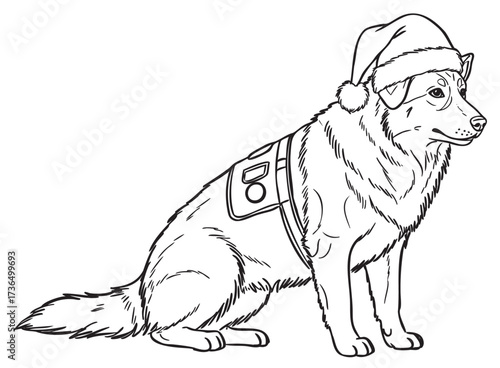 Santa hat dog: christmas-themed coloring page of a service canine – retro hand drawn illustration