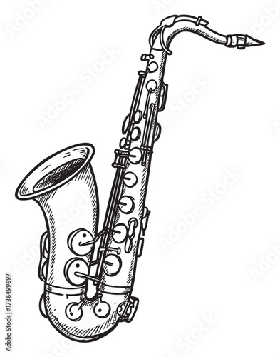 Detailed black and white sketch of a classic saxophone instrument – retro hand drawn illustration