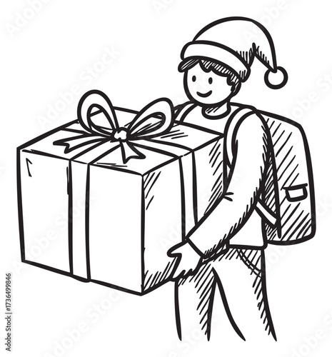 Young caucasian male carrying large gift box with bow in santa hat – retro hand drawn illustration