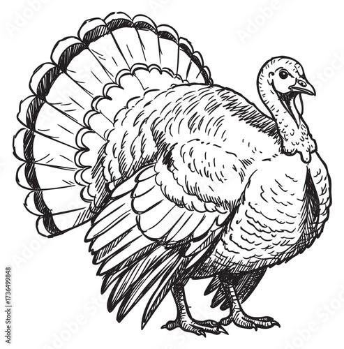 Detailed hand-drawn turkey illustration showcasing feathers and plumage – retro hand drawn illustration