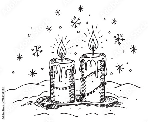 Hand-drawn winter scene with two burning candles and falling snowflakes – retro hand drawn illustration
