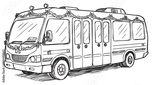 Festive bus with holiday decorations and garland sketch – retro hand drawn illustration