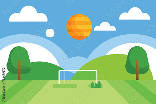 Landscape with Blue Sky, Clouds, Hills, Trees, Soccer Goal and Green Field