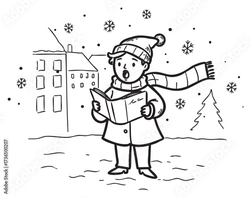 Young child singing christmas carols outdoors in winter scene – retro hand drawn illustration