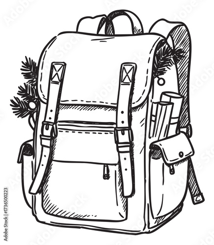 Detailed sketch of a hiking backpack with outdoor gear and tree branches – retro hand drawn illustration