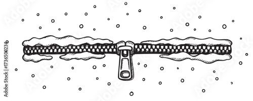 Illustrated winter scene with horizontal zipper and falling snowflakes – retro hand drawn illustration