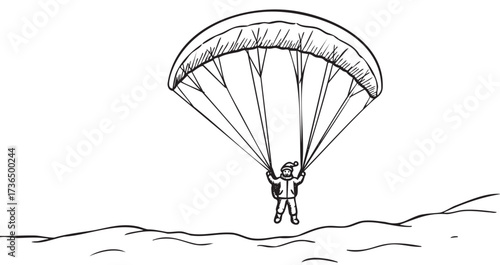 Black and white illustration of child paragliding over hills – retro hand drawn illustration