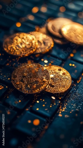 Shiny gold coins with intricate details rest on a dark keyboard, lit by golden particles