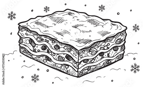 Hand-drawn lasagna with layered noodles and cheese in black and white sketch style – retro hand drawn illustration