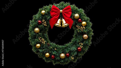 A traditional Christmas wreath decorated with a red bow, golden bells, and ornaments is isolated against a clean, black background, perfect for holiday themes. loop video

