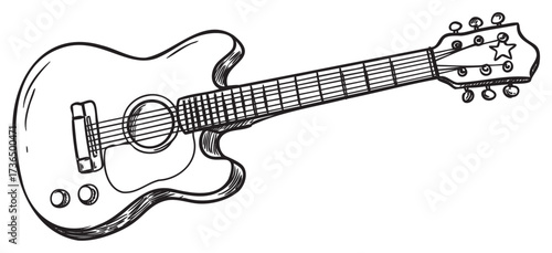 Hand-drawn acoustic guitar illustration with detailed strings and body design – retro hand drawn illustration