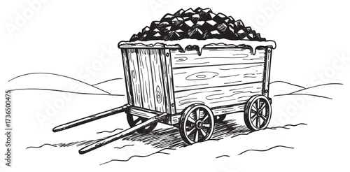 Vintage wooden coal cart with wheels in black and white illustration – retro hand drawn illustration