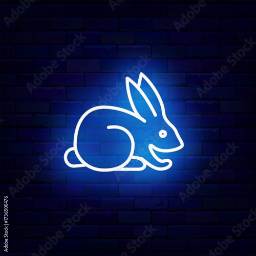 White rabbit neon icon. Farm animal care center. No animal testing. Veterinary center. Vector stock illustration