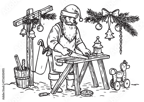 Santa claus making toys in workshop scene with christmas decorations – retro hand drawn illustration